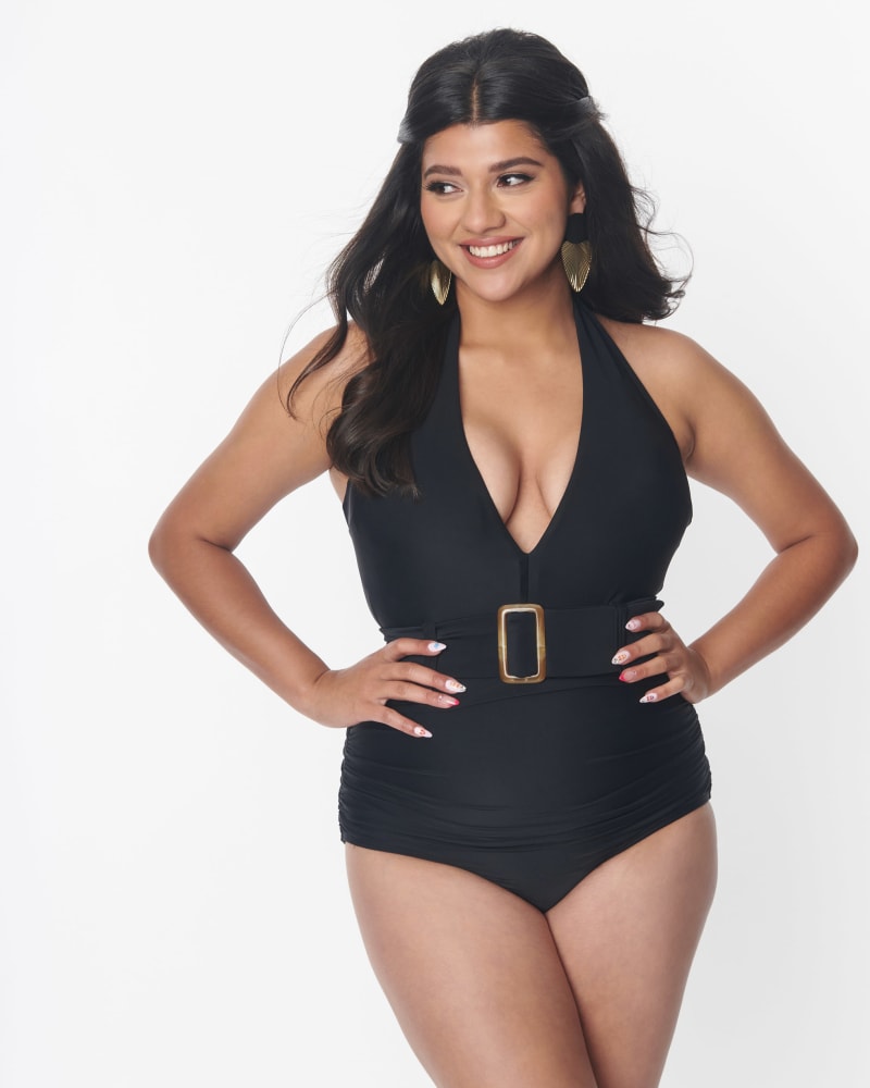Front of a model wearing a size XL Unique Vintage Black Belted Halter Swimsuit in Black by Unique Vintage. | dia_product_style_image_id:332020